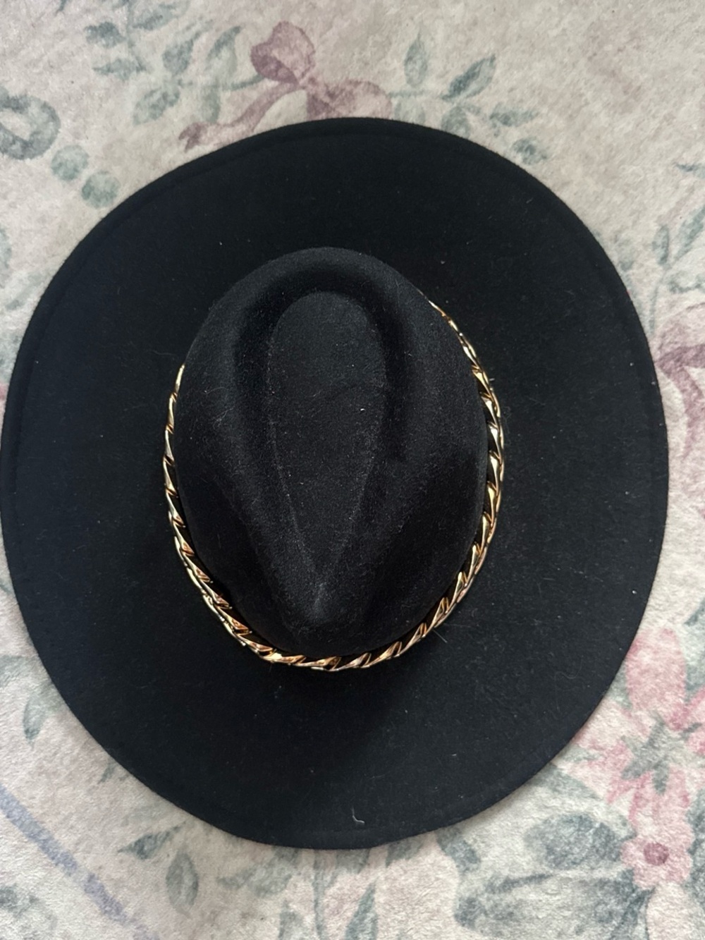 Forever 21 Black Wide-Brim Felt Hat with Gold Chain Trim